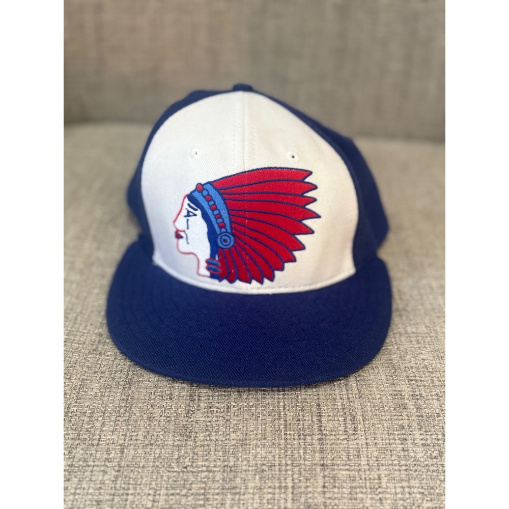 Ebbets Field Flannels Fitted Hat Blue White Native American Logo Size 7 1/8 USA